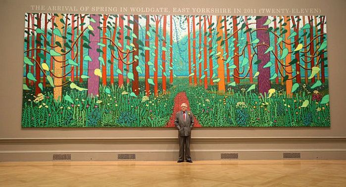 Hockney poses before Arrival of Spring in Woldgate